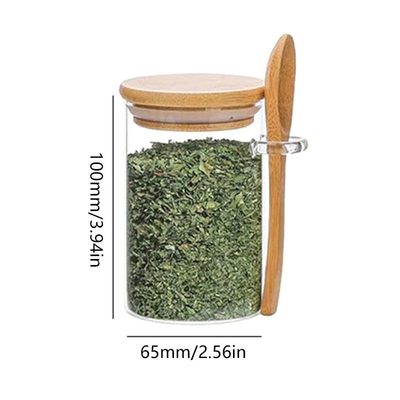 Kit 6 potes de vidro com tampa de bambu + colher