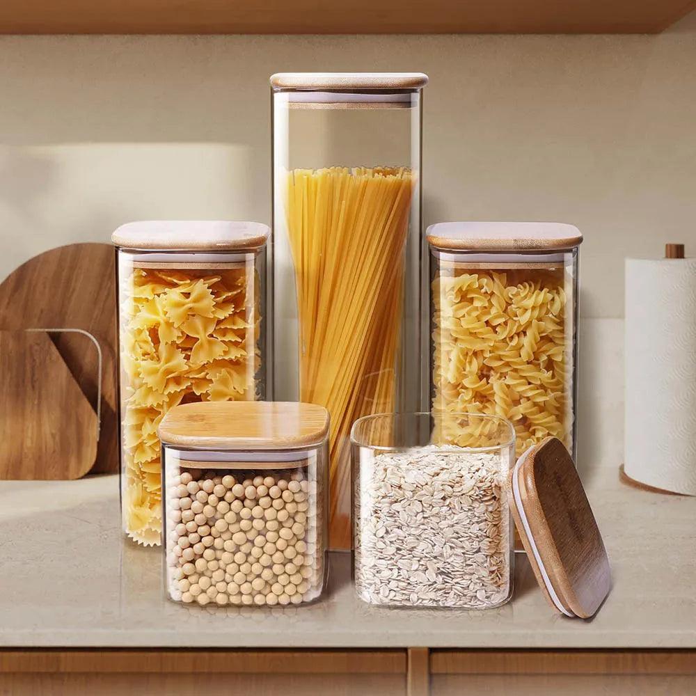 Potes Organizadores de Vidro com Tampa de Bambu – Para Café, Grãos, Massas e Temperos