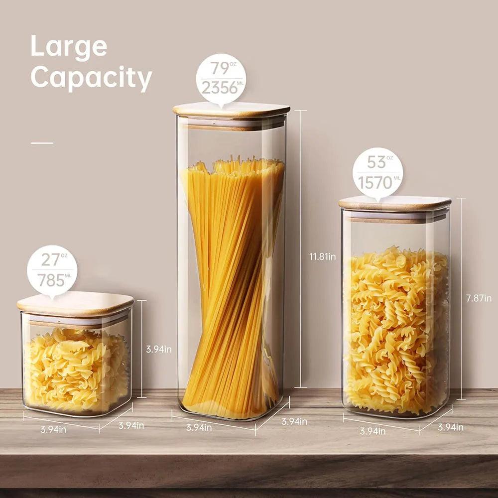 Potes Organizadores de Vidro com Tampa de Bambu – Para Café, Grãos, Massas e Temperos