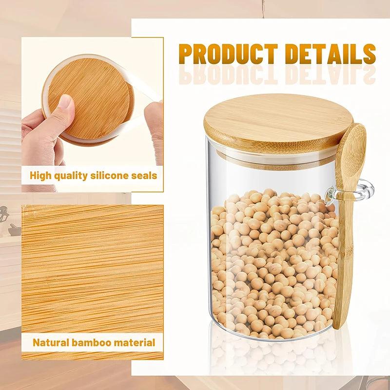 Kit 6 potes de vidro com tampa de bambu + colher