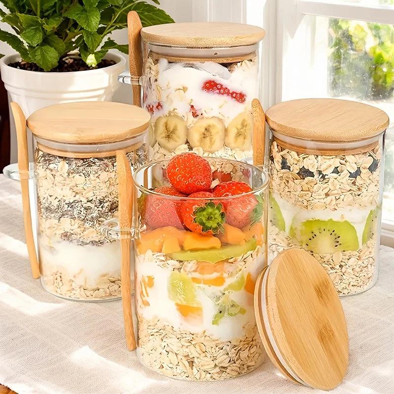 Kit 6 potes de vidro com tampa de bambu + colher