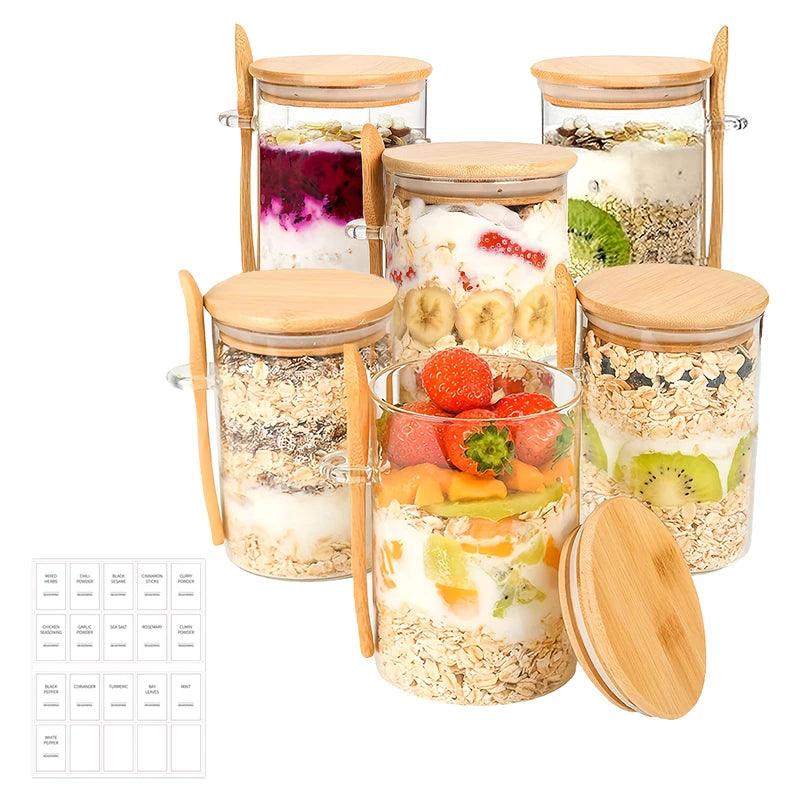 Kit 6 potes de vidro com tampa de bambu + colher