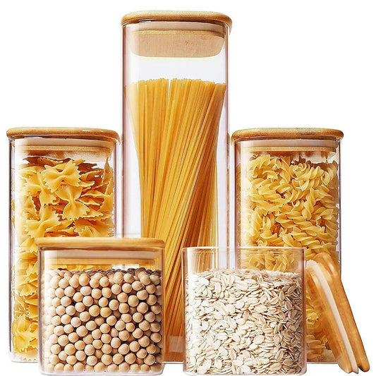 Potes Organizadores de Vidro com Tampa de Bambu – Para Café, Grãos, Massas e Temperos