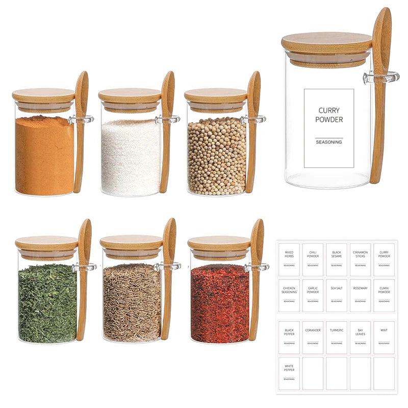 Kit 6 potes de vidro com tampa de bambu + colher