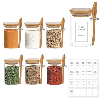 Kit 6 potes de vidro com tampa de bambu + colher