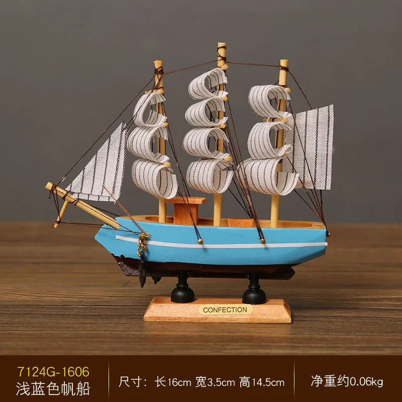 Mini Veleiro Decorativo em Madeira – Barco Estilo Mediterrâneo com LED (16–20cm)