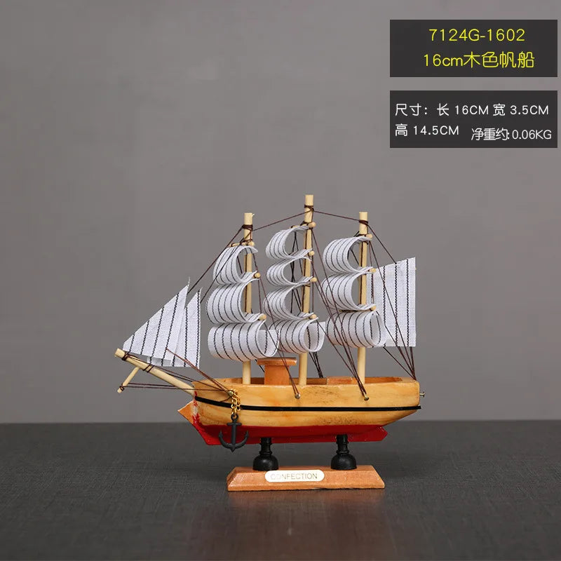 Mini Veleiro Decorativo em Madeira – Barco Estilo Mediterrâneo com LED (16–20cm)