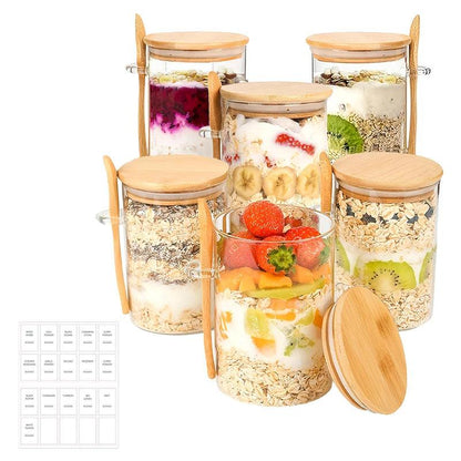 Kit 6 potes de vidro com tampa de bambu + colher