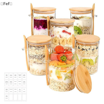 Kit 6 potes de vidro com tampa de bambu + colher